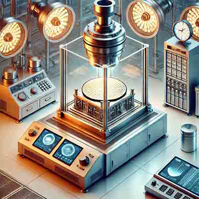 Rapid thermal processing apid thermal processing (RTP) system. It illustrates the high-tech chamber, the wafer, and the lighting system typical of semiconductor manufacturing.
